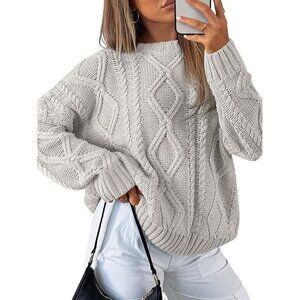 Women's Pastel Gray Imported Pull On Oversized Cable Knit Crew Neck Sweaters